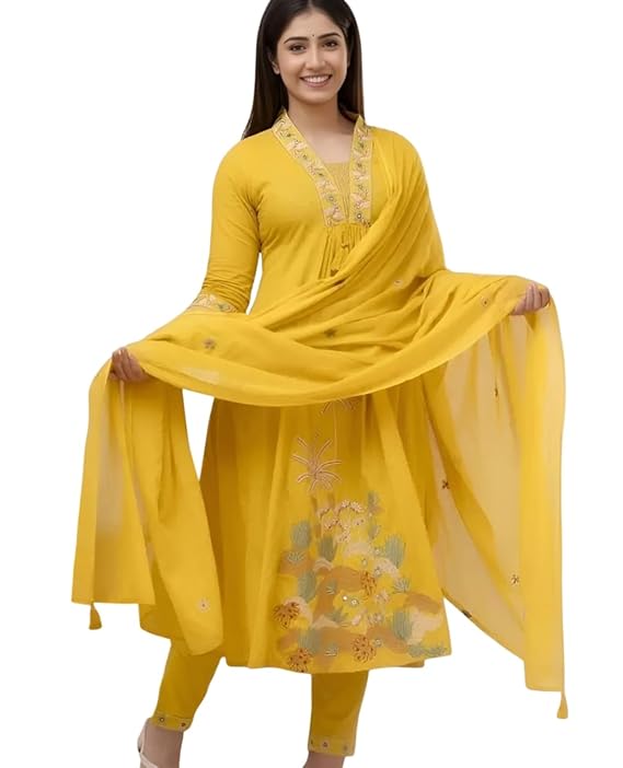 Soul Casa Women's Cotton Embroidery Straight Kurti with Pant Set